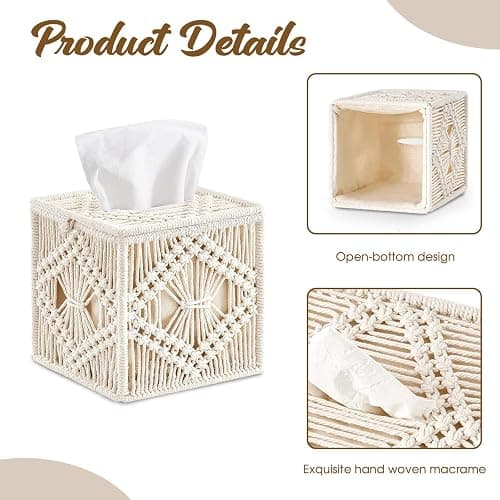 MEETOZ Tissue Box Cover Square, Woven Macrame Napkin Facial Paper Organizer, Boho Decor Tissues Holder for Bathroom Bedroom Dresser Living Room Office thumbnail 4