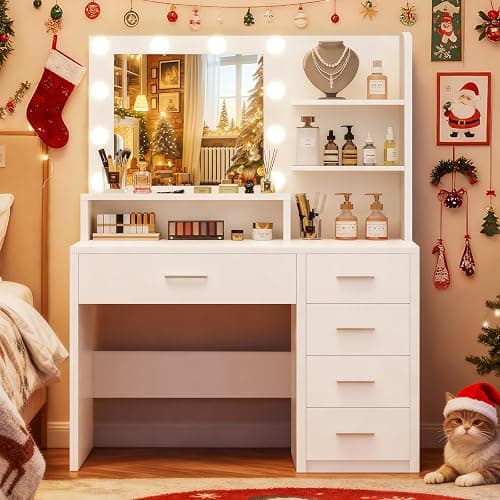 Quimoo Vanity Desk with Mirror & Lights, Makeup Vanity with 5 Drawers & Storage Shelves, White Vanity Table, 3 Color Modes & Adjustable Brightness, Dressing Table, Bedroom thumbnail 3