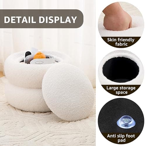 Mxfurhawa Storage Ottoman,Soft Teddy Velvet Upholstered Footrest,Mordern Round Footstool with Biscuits Shape,Side Tabble and Plant Stands for Living Room,Hallway,Bedroom (White) thumbnail 5