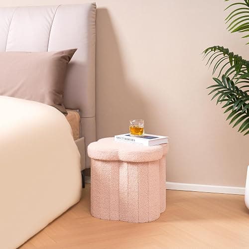 B FSOBEIIALEO Storage Ottoman Cube, Flowers Shaped Ottomans with Storage Foot Stool Footrest, Boucle Ottoman Seat for Dorm Room, Faux Teddy Fur, Pink 15"x15"x15" thumbnail 7
