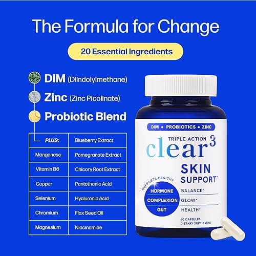 Clear Skin Supplement with Zinc, DIM & Probiotics | 3-in-1 Balance, Glow & Health Skin Support | Triple Action Hyaluronic Acid, Niaciminide & Vitamins for Hormone, Complexion & Gut Support | 60 Ct thumbnail 5