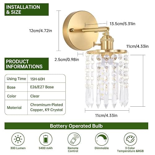Shenmoyl Set of 2 Crystal Battery Operated Wall Sconce, Rechargeable Battery Powered Wall Lamp with Remote Control, Modern Dimmable Wireless Wall Lights for Bedroom Bathroom(Transparent, Gold Base) thumbnail 9