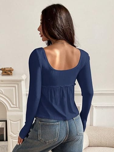 SOLY HUX Women's Babydoll Tops Long Sleeve Henley Shirts Cute Square Neck Coquette Peplum Top thumbnail 2