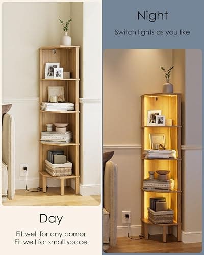 Apetaccat Corner Shelf Stand, 5 Tier Corner Bookshelf with Light,Corner Furniture for Bedroom Display Corner Shelf for Small Space,Wood Shelves with Storage Rack for Living Room,Office,Oak thumbnail 4