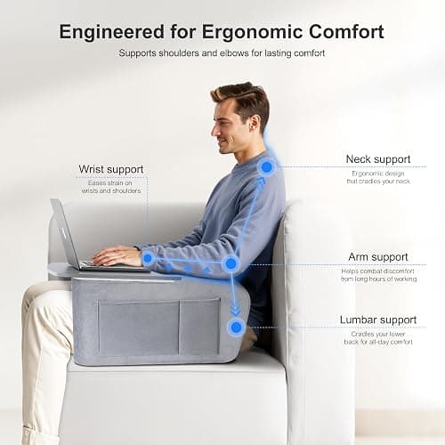 OPTIXCELL Reading Pillow for Gaming with Ergonomic Arm Rests, Wooden Lap Desk for Laptop, Support Pillow with Side Pockets for Reading, Writing, Working, Gaming on Bed, Couch or Floor (Gray, Large) thumbnail 4