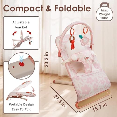 Tiny Marvels Baby Bouncer, Portable Infant Bouncer Seat with Soothing Music & 3-Point Harness, Foldable and Lightweight for Newborn to Toddler 0-12 Months, Under 20 lbs thumbnail 3