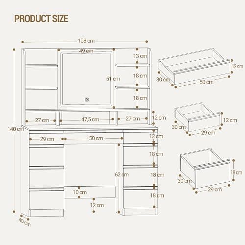 Hzuaneri 9 Drawers Vanity Desk with LED Light, Dressing Table with Large HD Mirror, 9 Open Storage Spaces Makeup Vanity for Bedroom, 3 Colors LED Strip, White DT41903WCA thumbnail 2