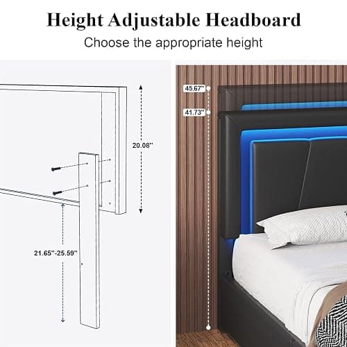 Queen Size Bed Frame with 4 Storage Drawers and LED Lights, Upholstered Platform Bed with Adjustable Headboard and Charging Station, Metal Slats Support, No Box Spring Needed,Easy Assembly, Black thumbnail 4