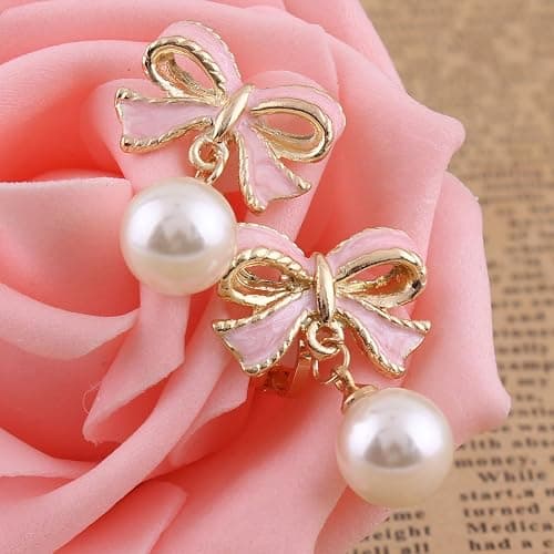 GRACE JUN Pink Bowknot Shape Clip on Earrings Without Piercing for Women Pearl Drop Earrings(Pink Bowknot Clip-ons) thumbnail 3