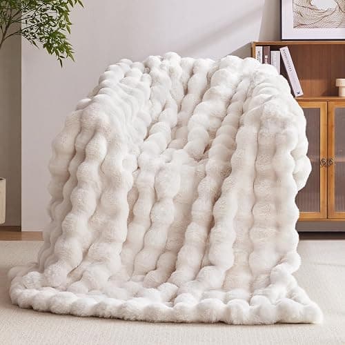 Anysay Faux Fur Throw Blanket, 1000GSM Fluffy Soft Bubble Blanket for Couch Bed, Cozy Plush Warm and Thick Blanket, Fuzzy Rabbit Throw for Living Room Bedroom 50''*60'' White thumbnail 2