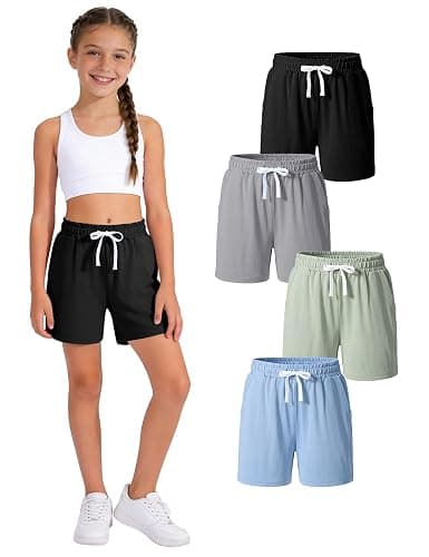 HASMES 4 Pack Girls Athletic Shorts Drawstring Quick Dry Basketball Soccer Running Shorts with Pockets - Image 1