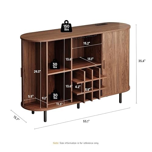 ONBRILL 55" Wine Bar Cabinet with LED Light,Modern Liquor Whiskey Coffee Station with Wine Rack and Glass Holder, Farmhouse Buffet Sideboard with Storage for Living Room, Kitchen, Entryway (Walnut) thumbnail 2