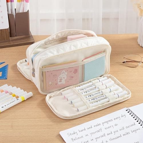 Kcjdd Cute Pencil Case for School, Soft Quilted Pencil Pouch Organizer with 3 Compartments, Large Double Zipper Pencil Bag for Teen Girls, Boys & Women (Beige) thumbnail 5
