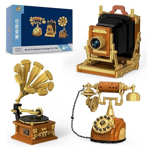 Brihappen 3 in 1 Building Block Sets, Retro Camera Telephone Record Player Building Toys, 1438 Pcs Vintage Collectible Model Kit for Home Office Decor, Nostalgic 80s Gift for Adults & Teens 14+ - Image 1