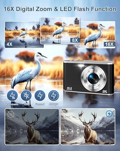 4K Digital Camera for Photography, 48MP Dual Cameras for Photography, 16X Digital Zoom Point and Shoot Cameras with 32GB Card & 2 Batteries Camera for Boys Girls Kids - Black thumbnail 3