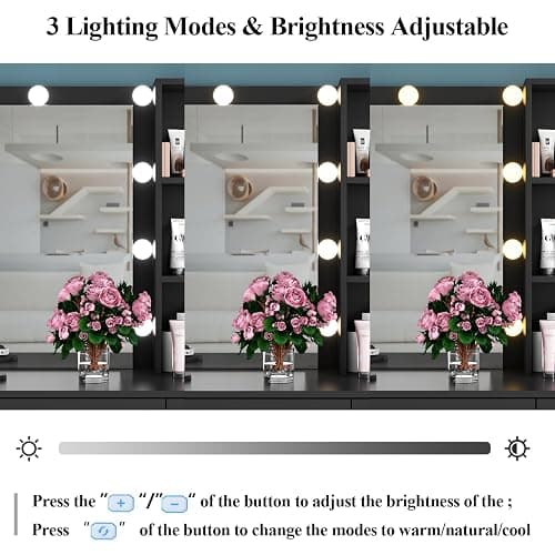 Gyfimoie 39 Inches Black Vanity Desk with Lights, 6-Drawers Makeup Vanity Table with Power Strip and Storage Shelves, Dressing Table with Lighted Mirror for Women Girls (Black) thumbnail 5