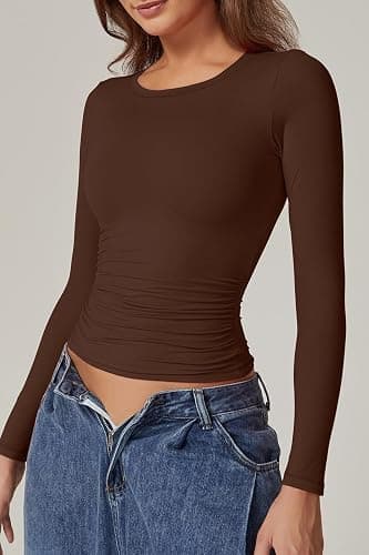 QINSEN Womens Crewneck Long Sleeve Shirt Double Lined Basic Tees Side Ruched Going Out Crop Tops thumbnail 3