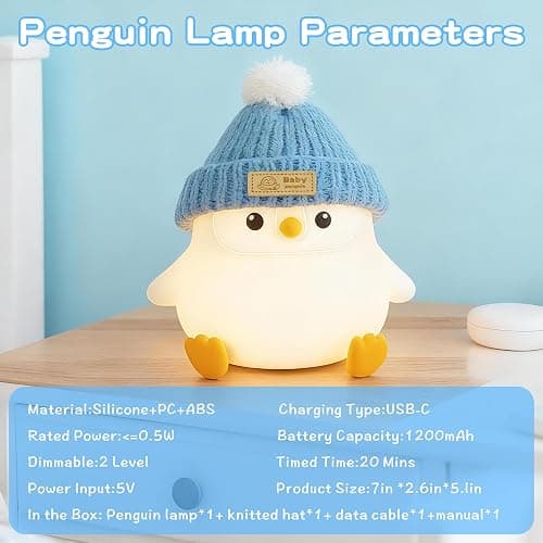 Penguin Lamp with Knit Hat,Adorable Penguin Night Light,Safe Soft Silicone,Dimmable Nursery Nightlight,LED Squishy Animal Lamp,Room Decor,White Elephant Gifts,Christmas Gifts for Kids /Boys Girls Baby thumbnail 7