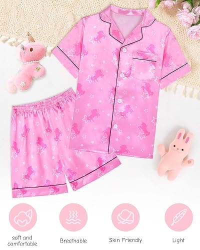 Kids Girls Pajama Set Silky PJS Button-Down Sleepwear Nightwear Loungewear Clothes Set Gifts thumbnail 4