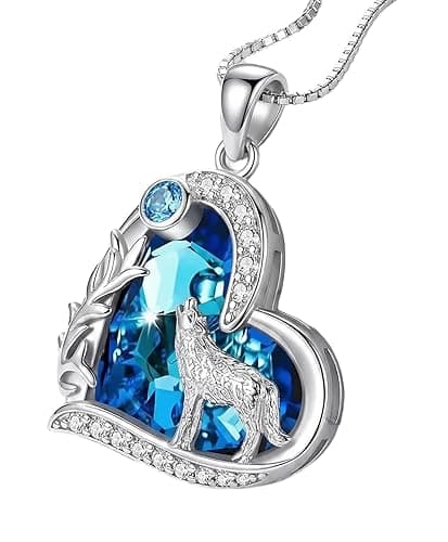 Howling Wolf Necklace - Silver Pendant With Blue Ocean Heart Stone Charm - Birthday Gift for Her, Women's Jewelry for Wolf Lovers | Birthday Gift for Her, Blue Ocean, Jewelry, Charm - Image 1