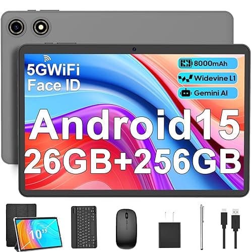 Android 15 Tablet with Keyboard - 26GB RAM + 256GB ROM, 2TB Expand, 10 inch 2-in-1 Tablets with 5G/2.4G WiFi, 8000mAh, BT5.0, 5MP+13MP, Split Screen, Widevine L1, Mouse, Case, Stylus (Black Case) - Image 1