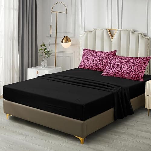 Leopard Print Comforter Queen Black and Pink Bedding Sets 8 Pcs Hot Pink Cheetah Animal Print Texture Wild Leopard Bed in A Bag with Comforter and Sheet Set thumbnail 8