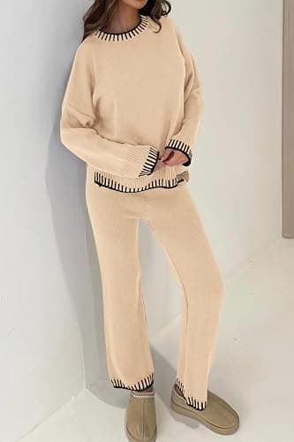 PRETTYGARDEN Women's 2 Piece Knit Sweater Outfit Casual Long Sleeve Pullover Wide Leg Pants Tracksuit Loungewear Set thumbnail 7