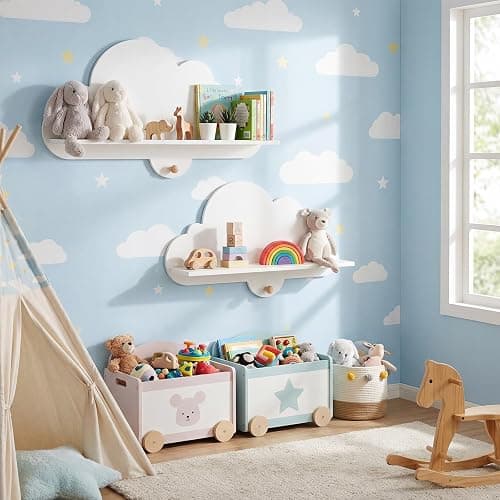 Costzon 2 Pieces Floating Cloud Shelves, Wall Mounted Kids Bookshelf w/Compartments, Cute Corner Bookshelves, Space Saving Wall Shelves for Kid's Room, Nursery, Playroom & Bedroom (White Cloud) - Image 1