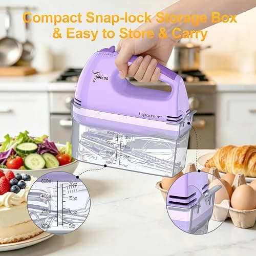 LILPARTNER Electric Hand Mixer with Storage Box, Ultra Power Kitchen Hand Mixer With 7-Speed & 5 Stainless Steel Accessories for Whipping Dough, Cream, Cake, Dishwasher Safe, PURPLE BOX thumbnail 3
