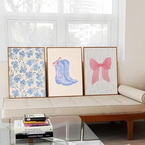Blue and Pink Preppy Poster Set of 6, Cute Coquette Bow Boots Wall Decor Aesthetic Coastal Canvas Prints Wall Art, Trendy Girls Dorm Decor Cute Pink Bows Wall Decor, for Bedroom Living Room Dorm Home Decor 8x10 Unframed thumbnail 5