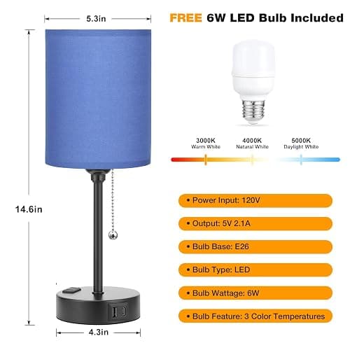 Small Bedside Table Lamp for Bedroom - Desk Lamp with USB Ports for Dorm | USB A+C Ports, AC Outlet, 3 Color Temperatures, LED Bulb Included, Navy Blue Shade, Matte Black Base, 14" Night Stand Lamp thumbnail 4