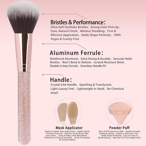 HEDIVIA Pink Makeup Brushes Set 14 Pcs Professional, Synthetic Foundation Concealer Powder Blush Eyeshadow Brushes with 2 Powder Puffs & Dual-ended Mask Applicator, Gifts for Women Teen Girls thumbnail 2