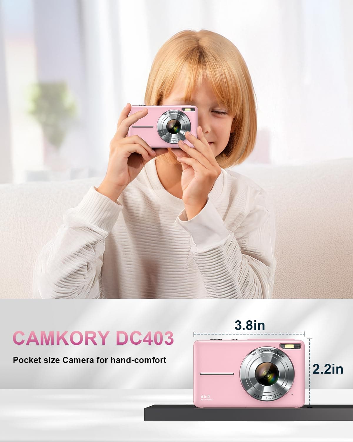 Digital Camera, Camkory FHD 1080P Point and Shoot Digital Camera 44MP Kids Camera 16X Digital Zoom, Anti Shake Small Travel Camera with 32GB SD Card, Two Batteries (Light Pink) thumbnail 3