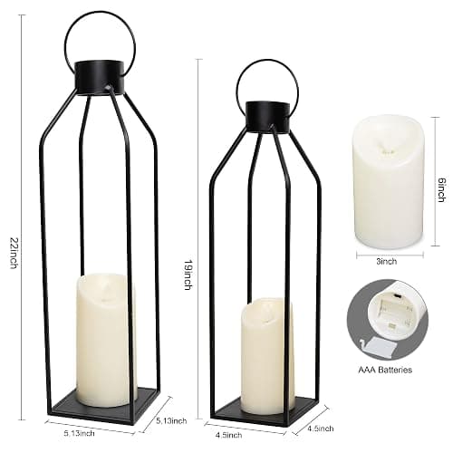 HPC Decor 22'' 19'' Lanterns Decorative w/ Flickering Timer Candles- Large Tall Black Metal Candle Lanterns Set of 2- Modern Farmhouse Decor for Indoor,Outdoor,Tabletop,Porch (No Glass) thumbnail 3