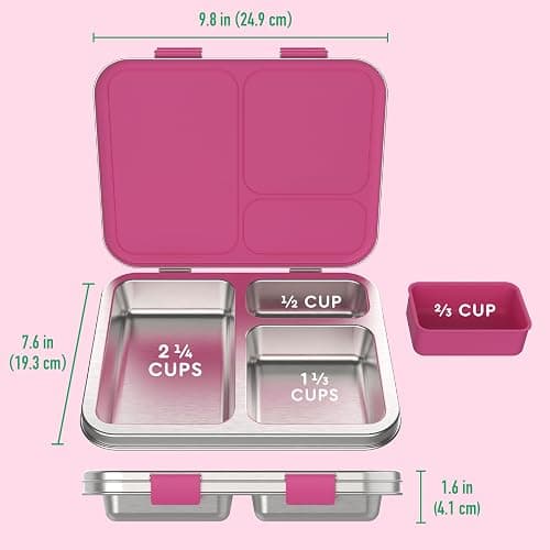 Bentgo Kids Stainless Steel Leak-Resistant Lunch Box - 3-Compartments with Bonus Silicone Container, Durable, Eco-Friendly, Dishwasher Safe, BPA-Free, Ideal for School, Ages 3+ (Fuchsia) thumbnail 3