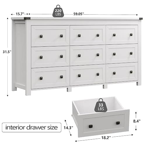 Boonatu Dresser for Bedroom with 9 Drawers, Wood Dressers Chest of Drawers with Metal Handles, Modern Bedroom Dresser with Drawers for Closet Hallway, Living Room, White thumbnail 3