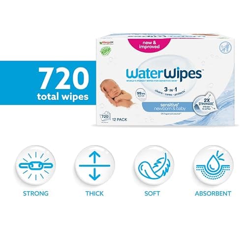 WaterWipes Sensitive+ Newborn & Baby Wipes, 720 Count (12 Packs), 3-In-1 Cleans, Cares, Protects, 99.9% Water, Unscented thumbnail 2