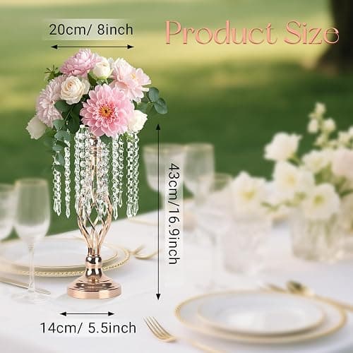 SOCROTO 10 Pcs Crystal Flower Stand Gold Wedding Centerpieces 16.9 Inch Tall Gold Vase with Chandelier Metal Wedding Centerpiece Vase for Birthday Party Reception Festivals Party Decor (S-16.9inch) thumbnail 3