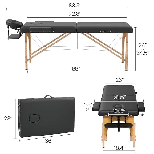 HENGJIANYI Massage Table, Portable 2 Section Foldable Tattoo Bed, Height Adjustable Lash Spa Bed with Face Cradle, Home Light Weight Facial Salon Bed with Wood Frame, Black thumbnail 3