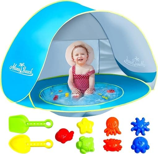 Monobeach Baby Beach Tent with Beach Sand Toys Pop Up Portable Shade Pool UPF50+ UV Protection Sun Shelter for Infant with Easy Set Up Canopy (Blue with Toys) - Image 1
