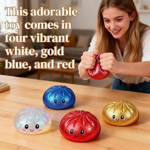 Glitter Dumpling Squishy Box, Dumpling Squishies, Sensory Squeeze Toy for Stress Relief, Soft Decompression Dough for Adults Office and Home Use (Blue Emoji bun) thumbnail 5