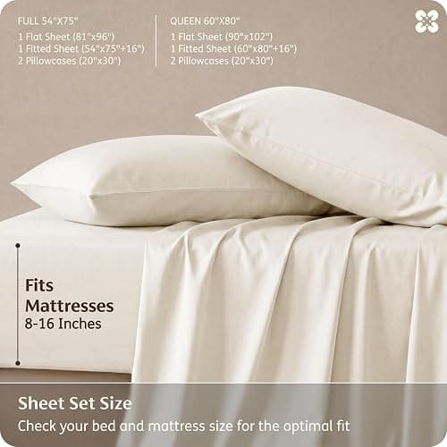 Bedsure PureWoven 100% Rayon Derived from Bamboo, Queen Sheets, 4 Pieces | Cooling Sheets for Hot Sleepers, Breathable & Silky Soft, 16" Deep Pocket, Hotel Luxury Bedding, Ivory thumbnail 7