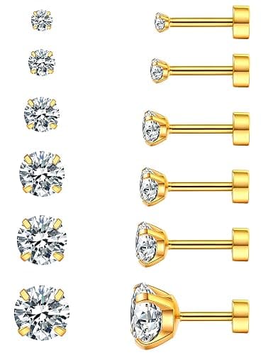 Wssxc 6 Pairs Hypoallergenic Cubic Zirconia Earrings Surgical Steel Flat Back Studs for Cartilage, Screw Back Fashion Jewelry - Image 1
