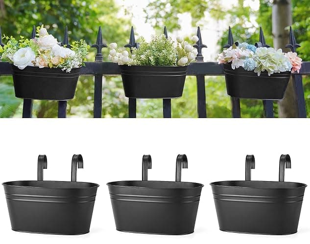 Dahey 10.5 Inch Metal Iron Hanging Flower Pots for Railing Fence Hanging Bucket Pots Countryside Style Window Flower Plant Holder with Detachable Hooks Home Decor,Black,3 Pcs - Image 1