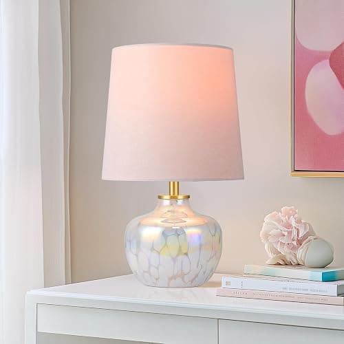 Velooke 15" Hand-Blown Glass Table Lamp, Blush Pink Velvet Shade, Mesmerizing Pearlized Swirling Cloud Base, Small Accent Lamp for Girls Bedroom Nightstand, Living Room(Bulb Not Included) - Image 1