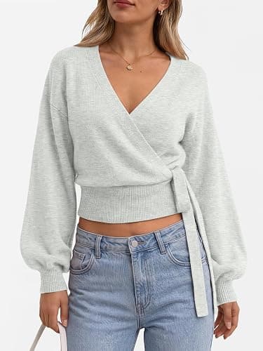 Trendy Queen Womens Wrap Cropped Open Front Pullover Sweater Tops 2026 | Lightweight Soft Knit, Adjustable Side Tie, Easy Layering Piece, Fall Fashion Staple thumbnail 2