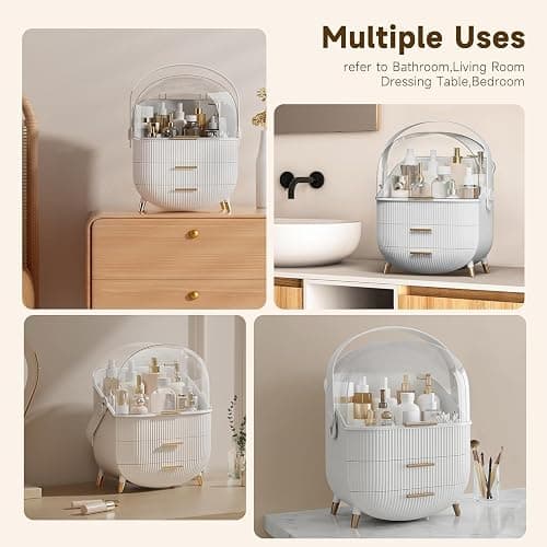 Makeup Organizer Storage Box, Cosmetics Display Case with Transparent Cover, Dust Waterproof Cosmetics Storage Box Suitable for Bathroom Countertop and Bedroom Vanity Dresser (White) thumbnail 8