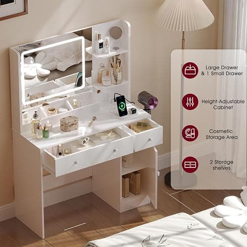 Makeup Vanity Desk with Mirror and Lights,Vanity Set with Mirror and Stool and Lights 3 Color,White Vanity Desk with Drawers,Make Up Table with Power Outlet,Dressing Table with Cabinet,Storage Shelves thumbnail 4