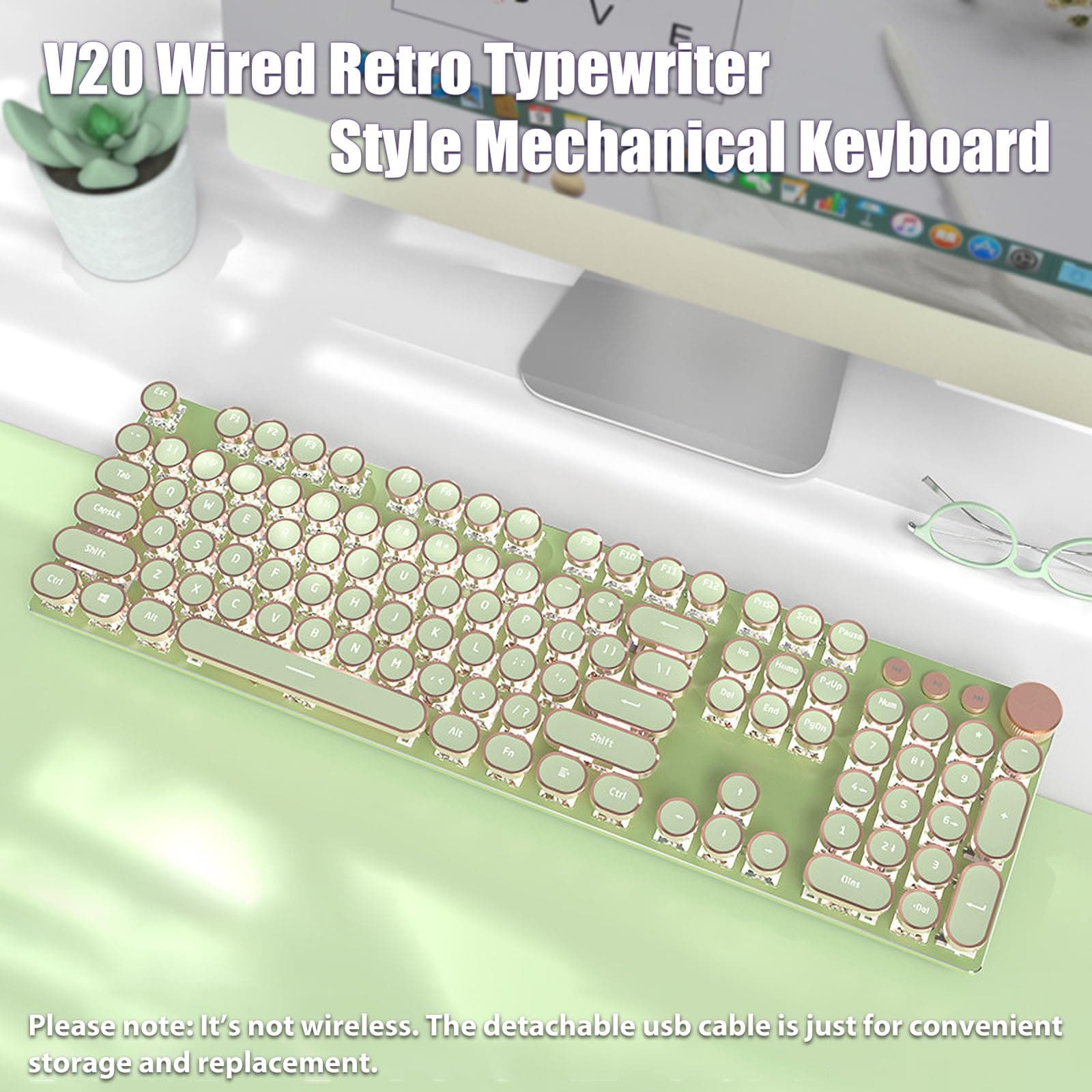 Typewriter Style Mechanical Gaming Keyboard White LED Backlit 104-Key NKRO Pink Switches Retro Round Keycaps Golden Ring Volume Knob Metal Panel Wired USB-C Detachable Cable, Matcha Green thumbnail 2