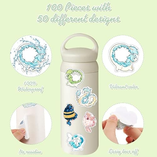 Resurhang 100 Pcs Dragon Stickers Cute Cartoon Waterproof Vinyl Decals | Vinyl Decals for Water Bottles, Laptop, Phone, Skateboard, Luggage, Fun Gifts for Girls Boys Teens, Cartoon Designs thumbnail 2